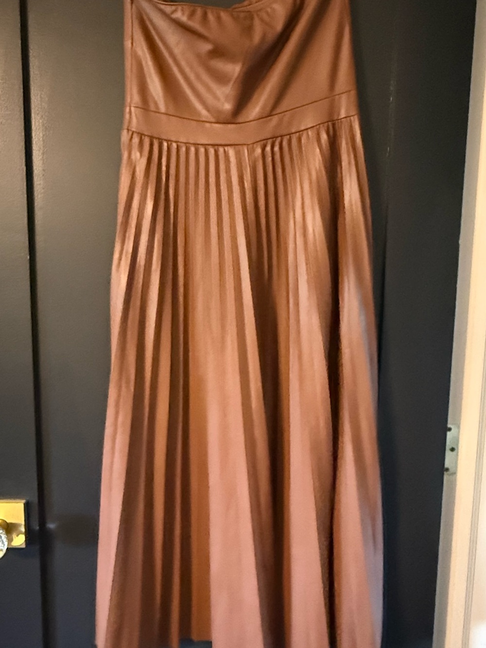 Strapless Brown Pleated Faux Leather Midi Dress - Picture 3 of 8